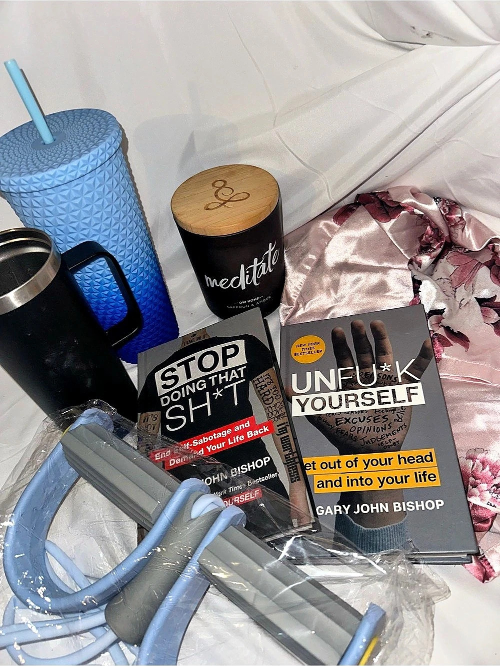 Self Care Motivation Wellness Bundle Books Robe Candle Tumblers + Workout Gear